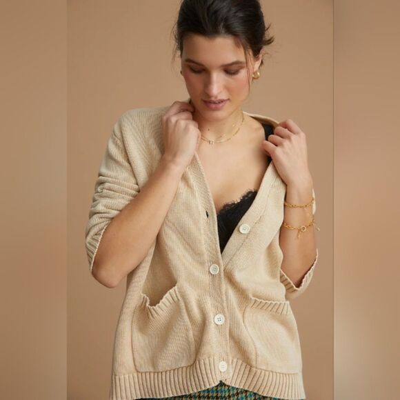 Anthropologie Demylee Sela Beige Cotton Cardigan Sweater Small - Picture 1 of 7